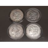 4 USA SILVER MORGAN 1 DOLLAR COINS IN GOOD CONDITION WITH DATES 1880, 1882, 1888 AND 1921 IN CASE