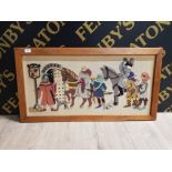 FRAMED FELTWORK PICTURE OF TRAVELLERS TAKING REFRESHMENTS AT A ROADSIDE INN 53CM X 100CM