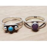 SILVER AND AMETHYST RING TOGETHER WITH SILVER AND TURQUOISE RING