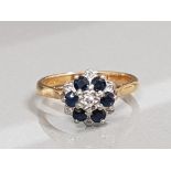 18CT GOLD DIAMOND AND SAPPHIRE CLUSTER RING 4.3G SIZE N1/2