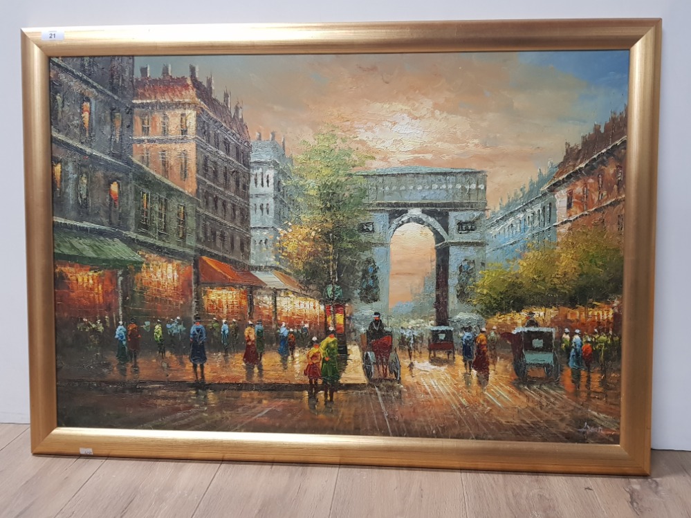 GILT FRAMED CONTINENTAL OIL ON CANVAS PAINTING PARIS SIGNED BOTTOM RIGHT 69CM X 99CM