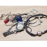 3 SEA GLASS AND SILVER PENDANTS WITH CHAINS PLUS 2 SILVER BRACELETS ALSO INCLUDES ROTARY WRISTWATCH