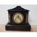 BLACK SLATE MANTLE CLOCK WITH BRASS DIAL AND TWIN MARBLE COLUMNS PERFECT FOR RESTORATION SAS