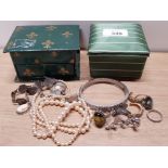 GREEN CLOTH BOX CONTAINING COSTUME JEWELLERY INCLUDING 4 RINGS, EARRINGS, BROOCH AND BANGLE