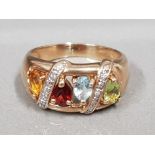 9CT YELLOW GOLD PERIDOT, AQUAMARINE, GARNET AND CITRINE RING SET WITH DIAMONDS 4.3G SIZE N