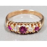 18CT YELLOW GOLD RUBY AND DIAMOND FIVE STONE BAND 3.4G SIZE L1/2