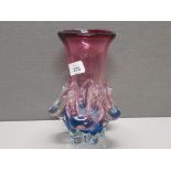 SKRDLOVICE DOUBLE CASED BLUE PINK CLEAR GLASS VASE WITH PULLED KNOBS 60S-70S