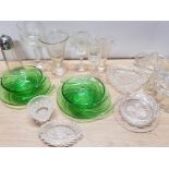2 ART DECO SUNDAE DISHES PLUS MISCELLANEOUS GLASS JELLY MOULDS, MEASURING JUG