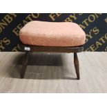 DARK ERCOL STOOL WITH PEACH COLOURED FLORAL PATTERNED CUSHION
