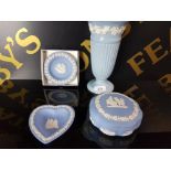4 PIECES OF WEDGWOOD INC BLUE JASPER AND EMBOSSED QUEENS WARE