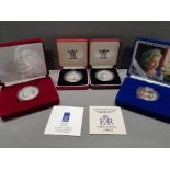 4 UK ROYAL MINT 5 POUND SILVER PROOF COINS COMPRISING 1993 CORONATION, 1998 QUEENS 70TH, 2002