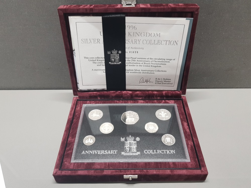 7 COIN UK ROYAL MINT 1996 SILVER PROOF ANNIVERSARY DECIMAL COIN SET IN ORIGINAL CASE WITH