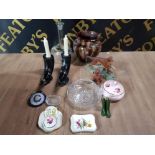 A BOX OF MISCELLANEOUS INC 2 DOG ORNAMENTS DECANTER WITH STOPPER ETC