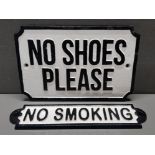 2 CAST METAL SIGNS NO SHOES PLEASE 20CM AND NO SMOKING 22CM