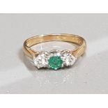 18CT GOLD EMERALD AND DIAMOND BRILLIANT CUT THREE STONE RING 3.3G SIZE L1/2