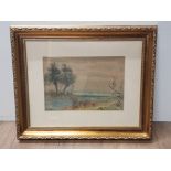 GILT FRAMED WATERCOLOUR COUNTRYSIDE SCENE SIGNED BOTTOM LEFT INDISTINCT 42CM X 35CM