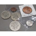 6 MISCELLANEOUS COINAGE INCLUDES 3 HALF CROWNS 1942, 1946 AND 1938 PENNY ALSO INCLUDES FARTHING