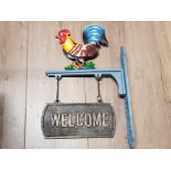 LARGE CAST METAL WELCOME WALL SIGN WITH COCKEREL 27CM X 45CM