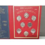 HER MAJESTY QUEEN ELIZABETH 60TH BIRTHDAY MEDAL PLUS 7 COIN SET OF CROWNS 1953 TO 1981 HOUSED IN