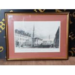 A FRAMED ENGRAVEMENT BY T BARBER OF AN ORIGINAL STREET SCENE GEORGE STREET ST ANDREWS CHURCH