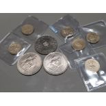 MIXED COINAGE 1993 5 POUND COIN, 2 X 1953 CROWNS AND 6 1 POUND COINS