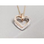9CT YELLOW AND WHITE GOLD DOUBLE DIAMOND HEART PENDANT AND CHAIN 2.8G
