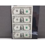 STRIP OF 4 UNCUT USA 1 DOLLAR NOTES IN MINT CONDITION