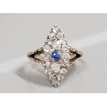 ANTIQUE 9CT GOLD SAPPHIRE AND DIAMOND MARQUISE SHAPED CLUSTER RING 4G SIZE O1/2