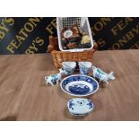 2 BOXES OF ASSORTED WARE INC ADAMS BLUE AND WHITE DISH ETC