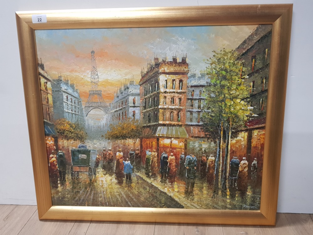 GILT FRAMED OIL ON CANVAS EIFFEL TOWER PARIS SIGNED BOTTOM RIGHT 59CM X 69CM