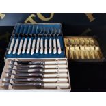 A SET OF 6 STAINLESS CHROMIUM PLATE FORKS TOGETHER WITH 2 OTHER CUTLERY SETS INC VINERS KNIVES ETC