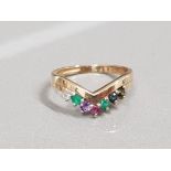 9CT GOLD MULTI COLOURED STONE WISHBONE RING 2.1G SIZE M