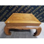 EXOTIC ORIENTAL HARDWOOD SQUARE SHAPED COFFEE TABLE WITH APRON AND BOW LEGS 89CM BY 45CM