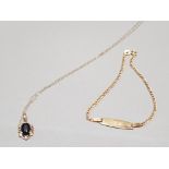 HALLMARKED 375 9CT GOLD ID BRACELET 0.9G TOGETHER WITH A RUBY PENDANT ON CHAIN 1G