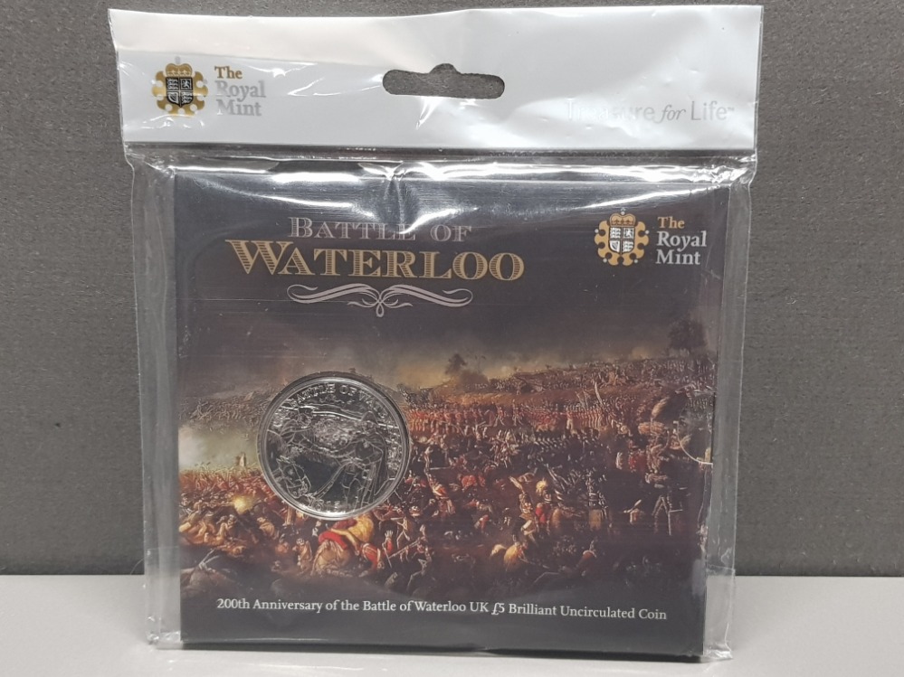 UK ROYAL MINT 2015 BATTLE OF WATERLOO UNCIRCULATED 5 POUND COIN IN SEALED ORIGINAL PACK