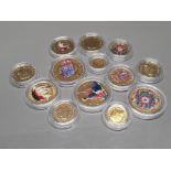 SELECTION OF ENAMELLED GOLD PLATED COINAGE HALF PENNIES AND HALF CROWNS ETC