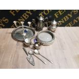 A BOX OF ASSORTED SILVER PLATED WARE INC CANDELABRA TEAPOT ETC