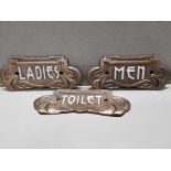 3 CAST METAL SIGNS 18CM LADIES, MEN AND TOILET