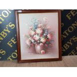 A FRAMED OIL ON BOARD IN IMPASTO HIGHLIGHTS OF A STILL LIFE WITH FLOWERS BY KATHERINE HOUSTON