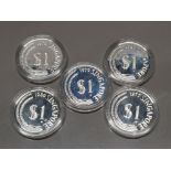 5 SILVER SINGAPORE 1 DOLLAR COINS FROM 1977, X2 1979 AND X2 1980 ALL PROOF IN CAPSULES