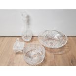4 VERY NICE PIECES OF CUT CRYSTAL GLASS SUCH AS CENTRE PIECE BOWLS AND DECANTER WITH STOPPER