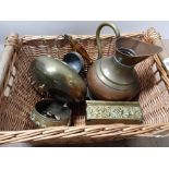 WICKER BASKET OF BRASS KETTLE WITH GLASS HANDLE BRASS JUG, BOX, BELL AND SHIP