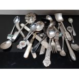 TRAY OF CONTINENTAL SILVER AND PLATED CUTLERY MAINLY SPOONS