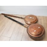 2 LARGE COPPER ANTIQUE BED WARMING PANS ONE WITH ORIENTAL SCENE