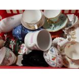 LOT OF POTTERY AND PORCELAIN INCLUDING CABINET CUPS AND SAUCERS, FIGURAL HAND AND CRAB ASHTRAY ETC
