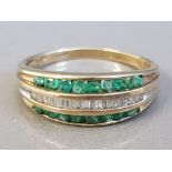9CT YELLOW EMERALD AND BAGUETTE DIAMOND THREE ROW BAND 3.3G SIZE S1/2