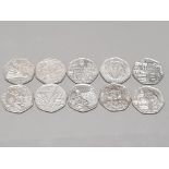 10 COLLECTABLE 50 PENCE PIECES INC COMMON WEALTH GAMES GLASGOW AND FIFTIETH NHS ANNIVERSARY ETC