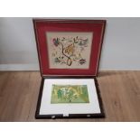 FRAMED BUT UNGLAZED CECIL ALDEN PRINT OF CARD PLAYERS TOGETHER WITH A FRAMED BUT UNGLAZED NEEDLEWORK