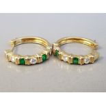 18CT YELLOW GOLD EMERALD AND DIAMOND HALF HOOP EARRINGS 9.6G