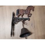 OUTDOOR CAST METAL HANGING BELL WITH HORSE 16.5 INCH HEIGHT